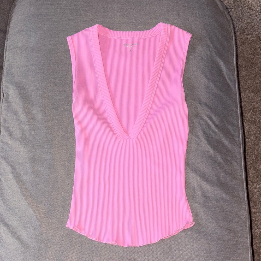 Year of Ours Pink Ribbed Deep V-Neck Tank